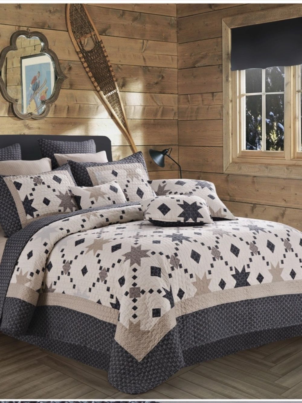 Primitive Star Printed Queen Quilted Bed Set Cottage Farmhouse Rustic Country